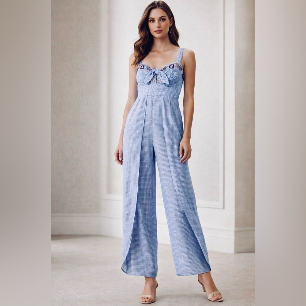 Hint of Mint Embroidered Jumpsuit Wide Leg Boho Romantic Coastal Striped Blue S